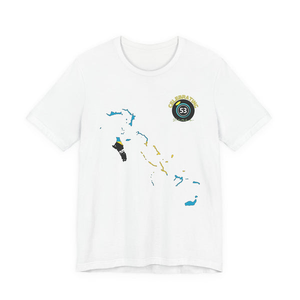White t-shirt with colorful graphic design on a white background