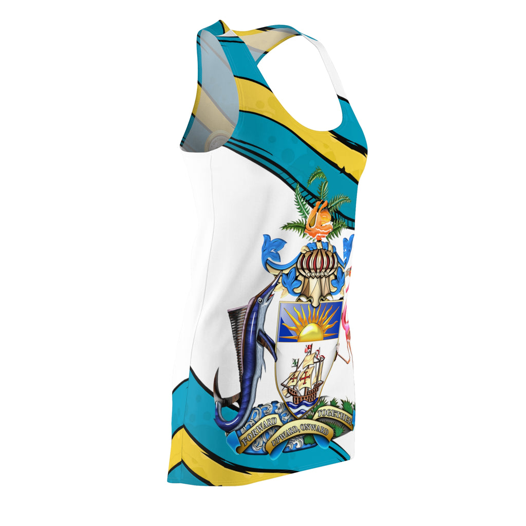 Coat of Arms AOP white dress side view — tagless, true-to-size, lightweight fabric