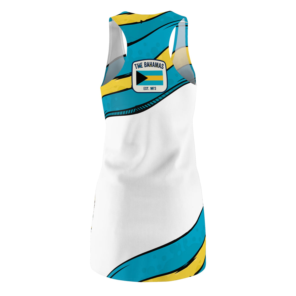 White tank top with blue and yellow accents featuring 'The Bahamas' text and flag on a white background