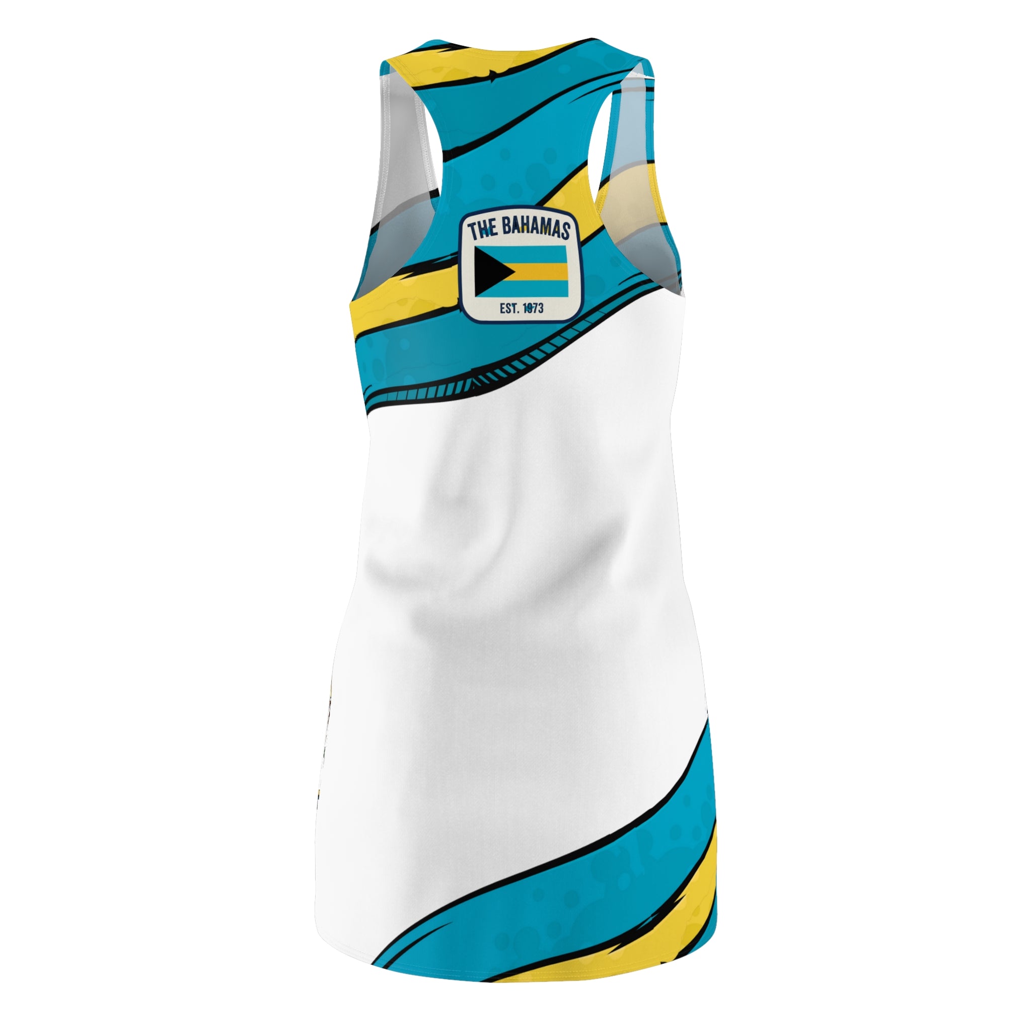 White tank top with blue and yellow accents featuring 'The Bahamas' text and flag on a white background
