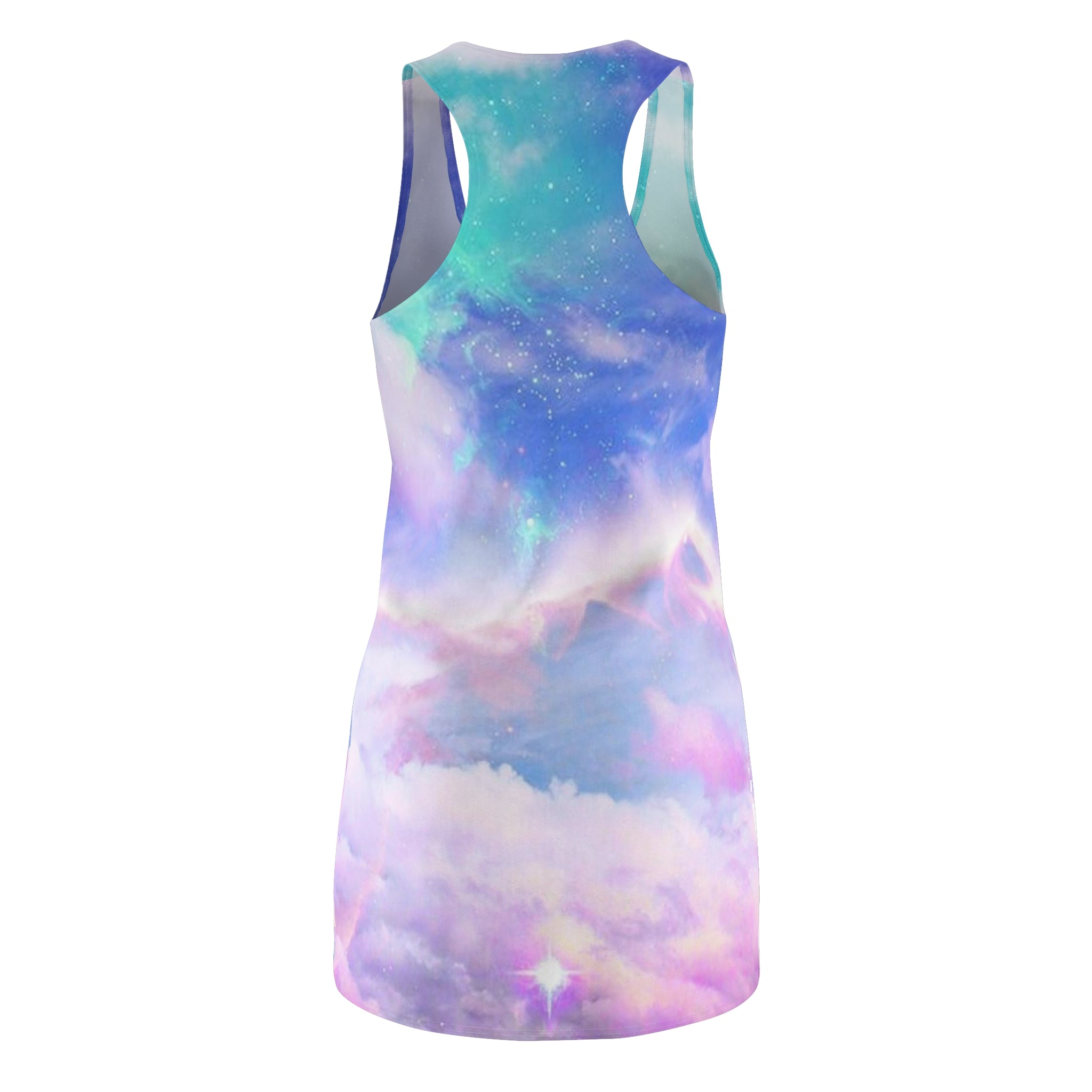 Women's cut and sew racerback dress back view — 100% polyester, sporty fit
