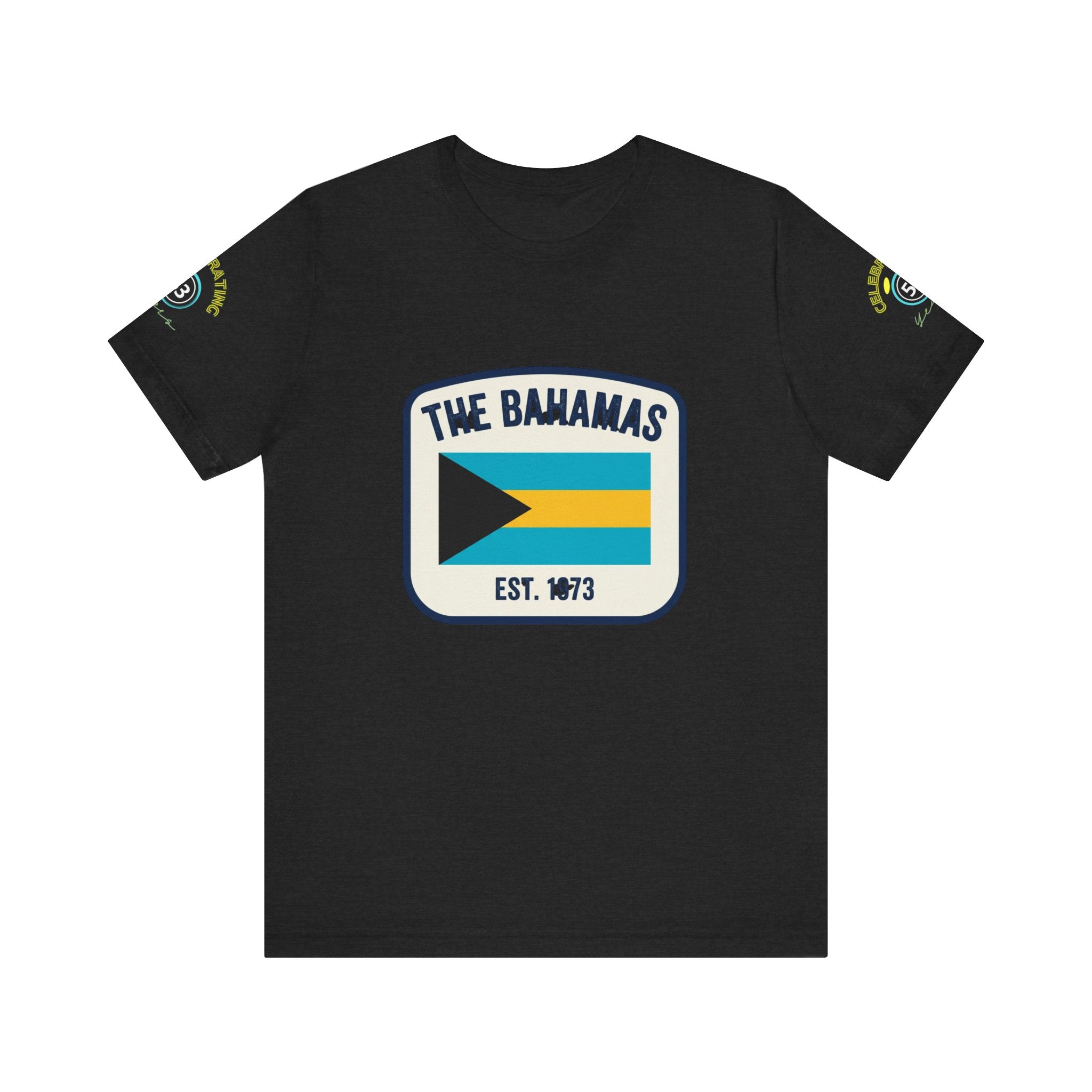 Black t-shirt with 'The Bahamas' graphic design on a white background