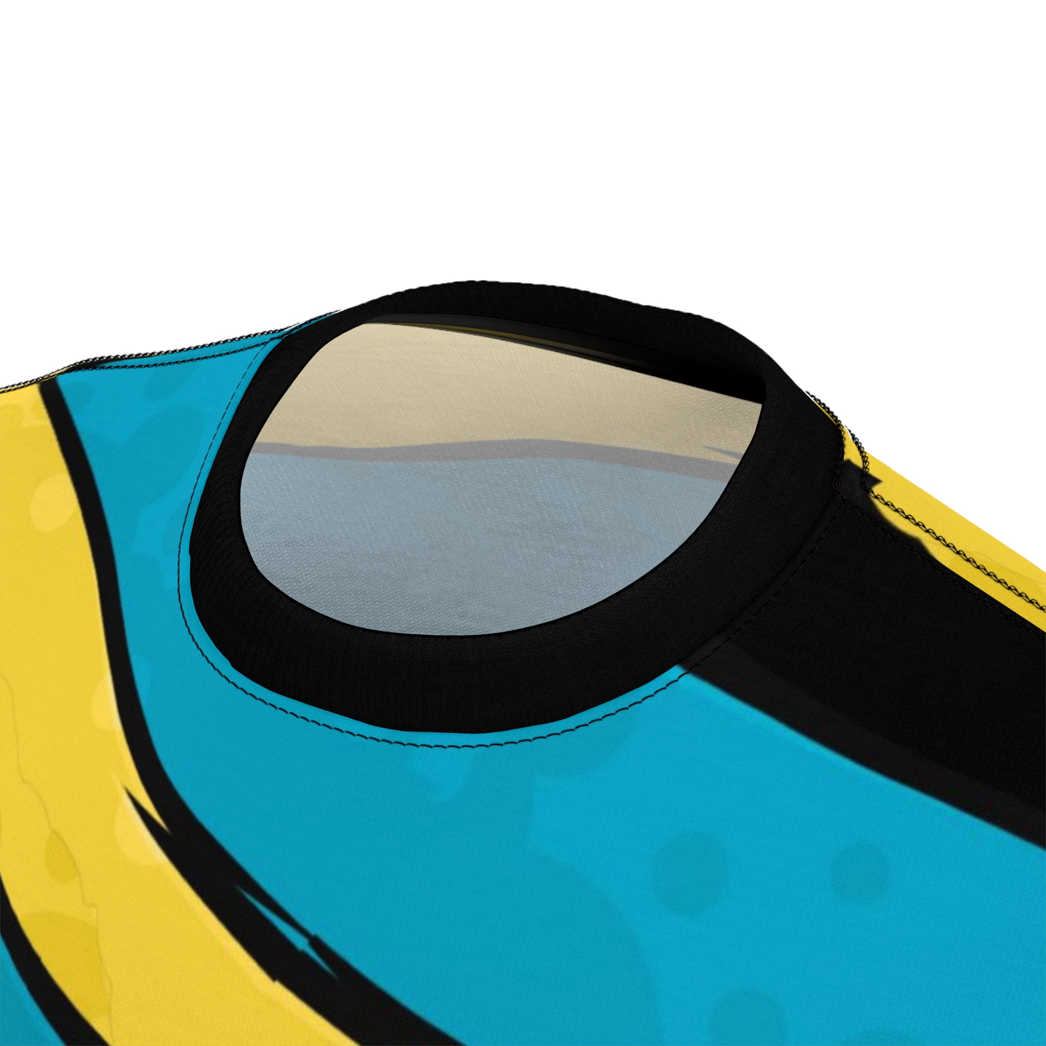 Close-up of a blue and yellow bag with a clear window on a white background