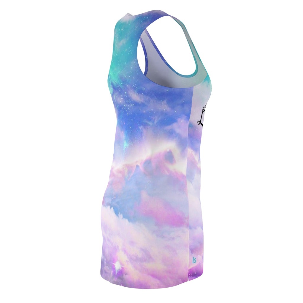 Women's all over print dress detail — lightweight fabric, white seam thread