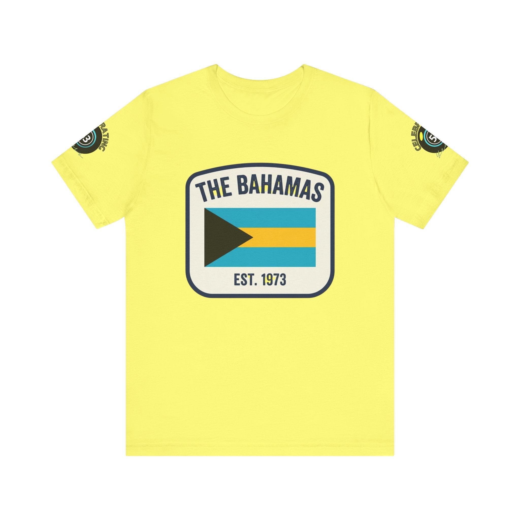 Yellow t-shirt with 'The Bahamas' logo and text on a white background
