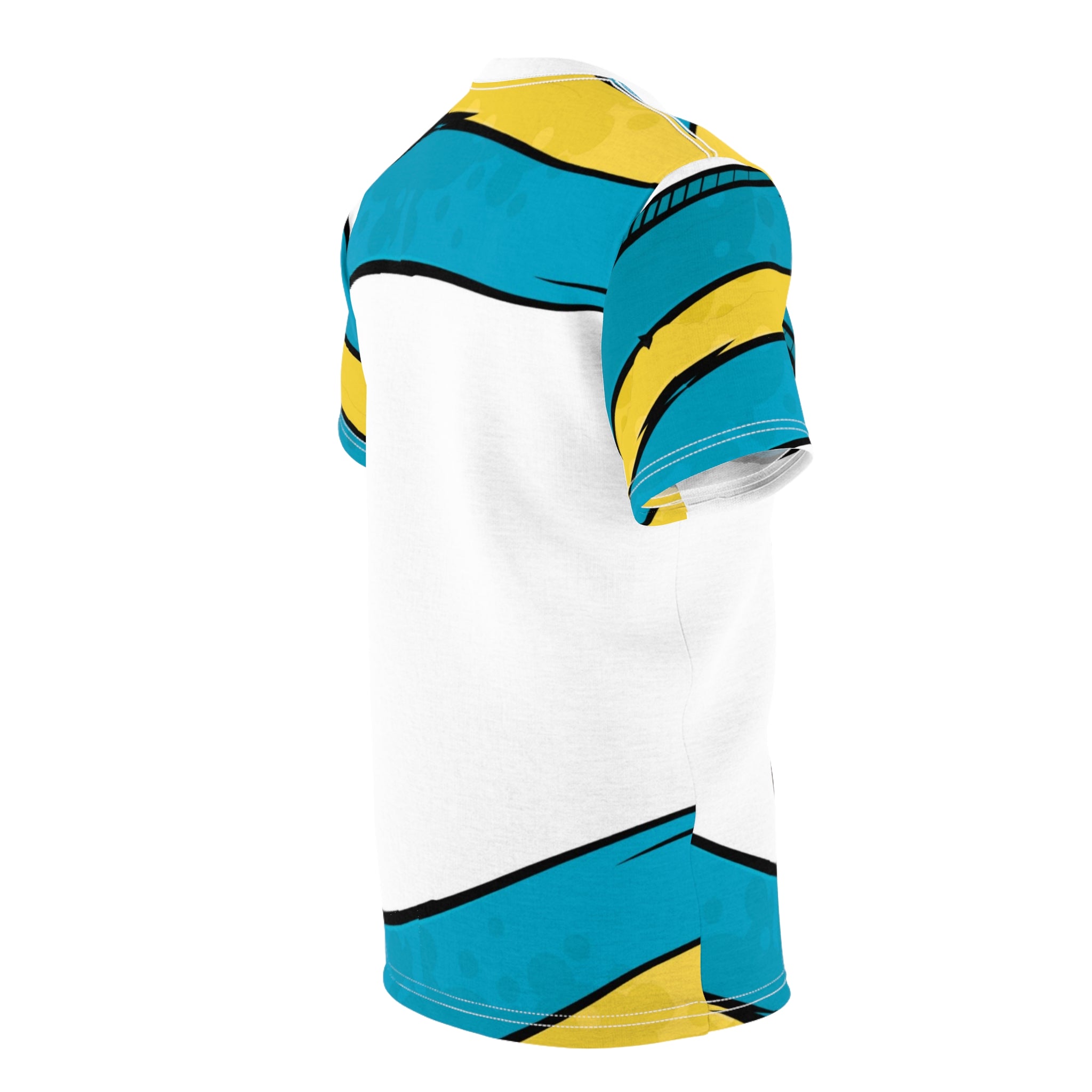 Colorful athletic shirt with blue, yellow, and white design on a white background