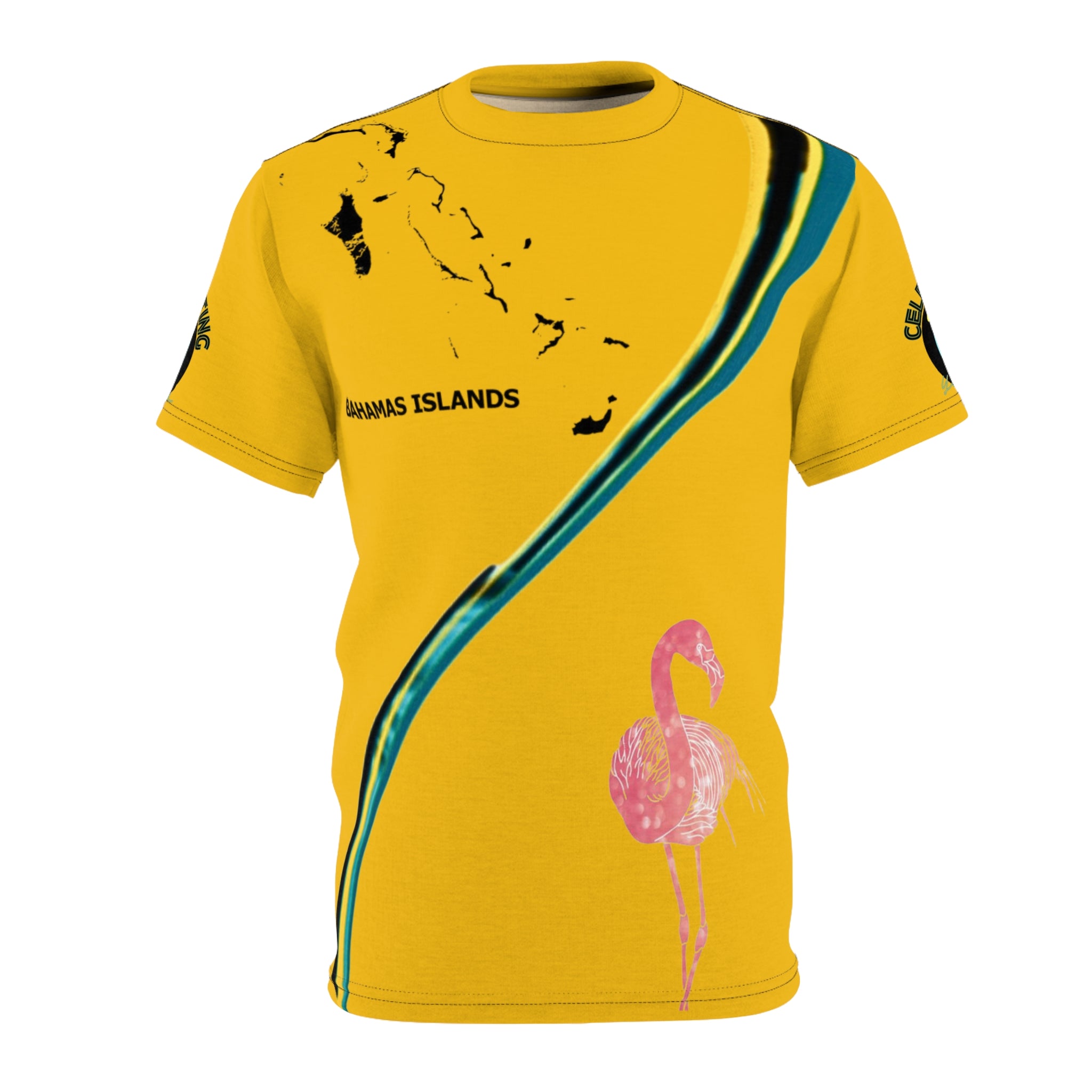 Yellow t-shirt with flamingo design and 'Bahamas Islands' text on a white background