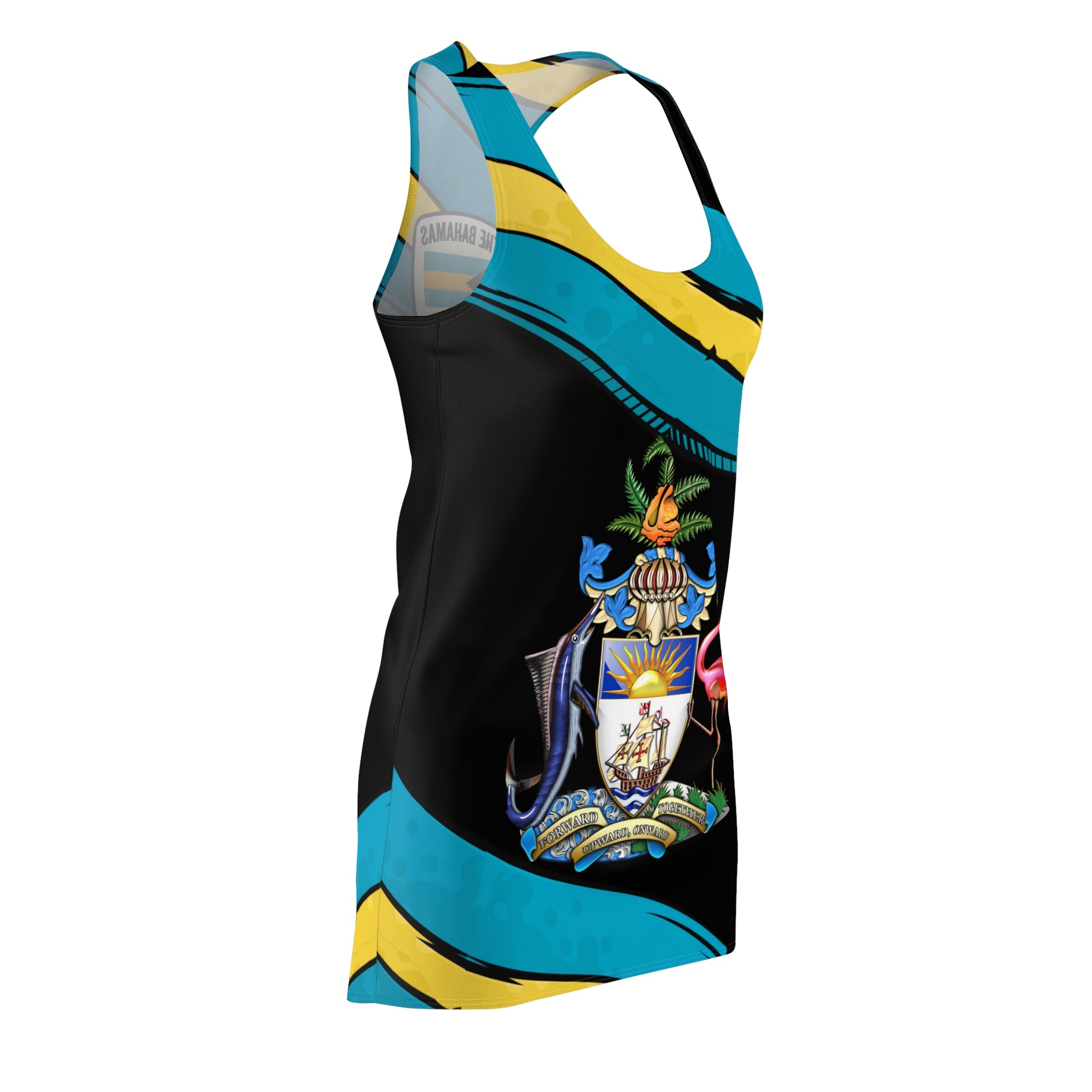 Colorful tank top with a prominent emblem on a white background