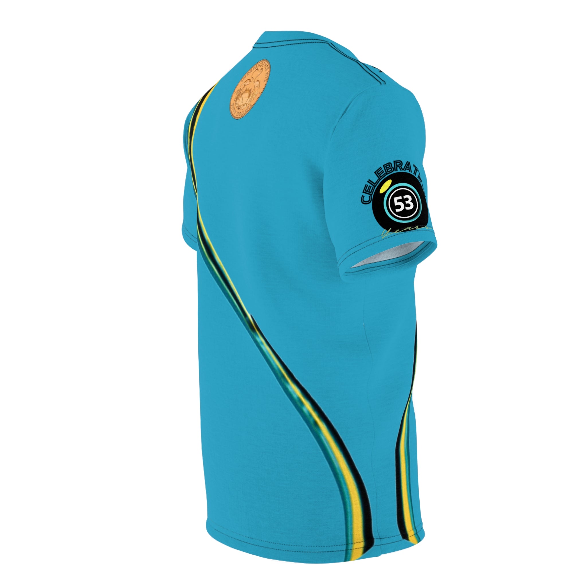 Blue sports jersey with yellow and black accents on a white background