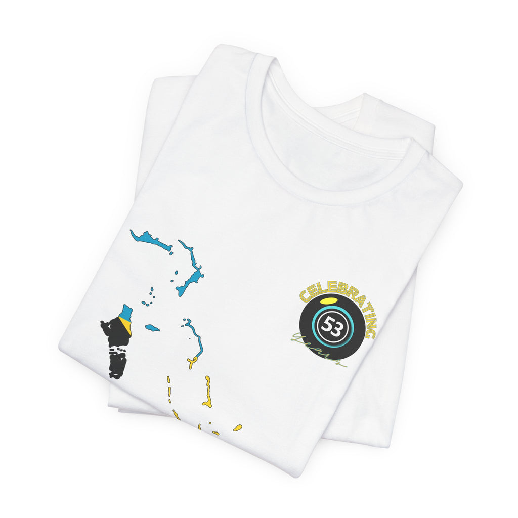Two folded white tank tops with graphic designs on a white background