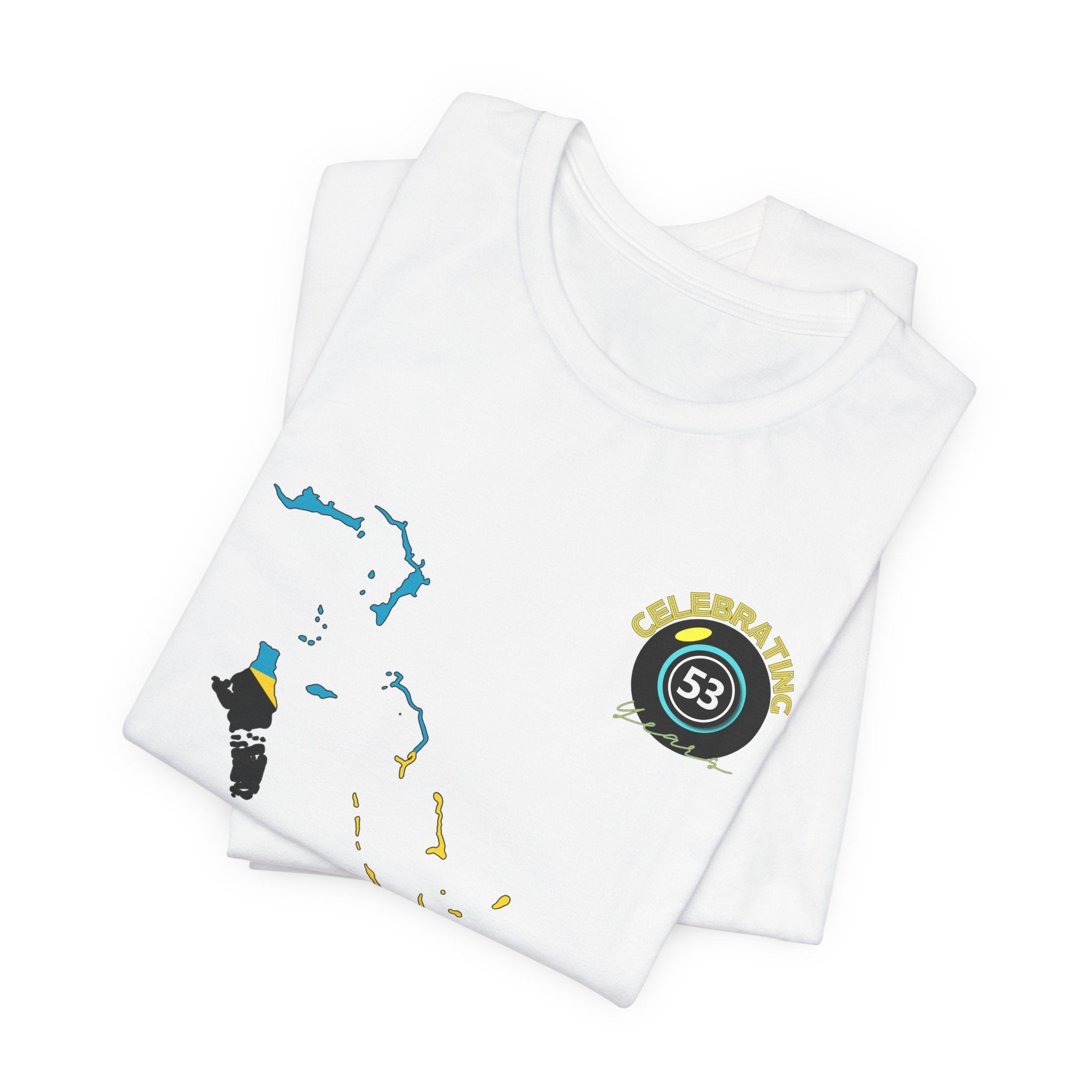 Two folded white tank tops with graphic designs on a white background