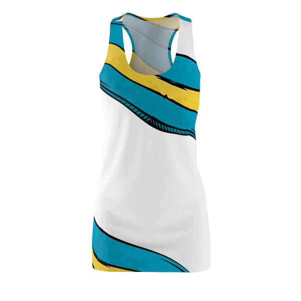 BH Colors Dress White front view — Bahamas AOP racerback dress, sizes XS–2XL