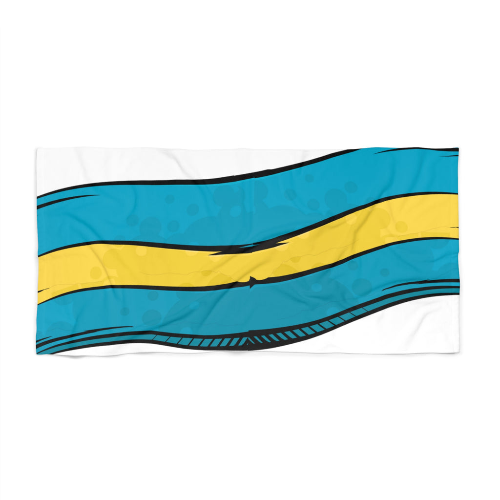 Beach Towel detail — heavyweight polyester facing with cotton loop backing, vivid print