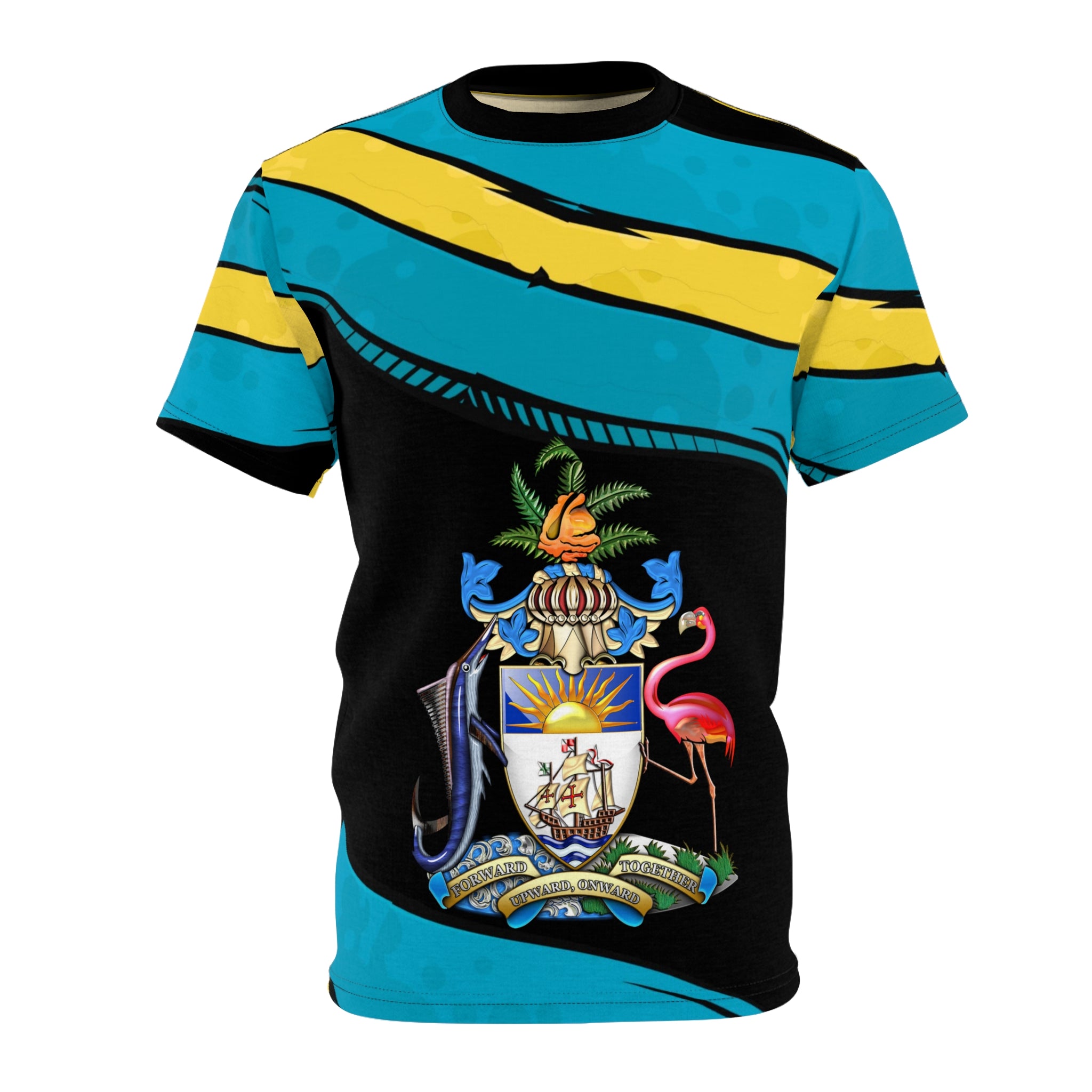 T-shirt with a colorful design featuring a coat of arms and flamingo on a black background.