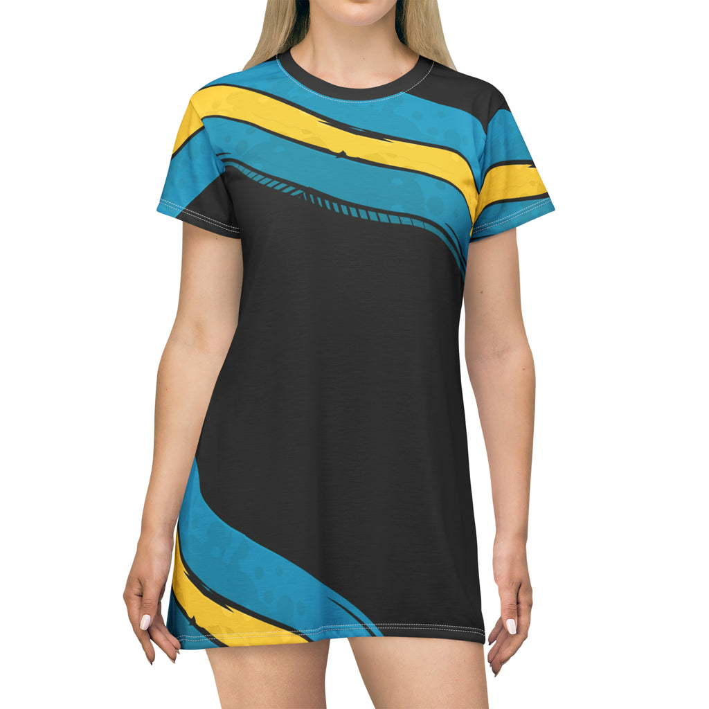 Bahamas T-Shirt Dress AOP Black front view — 100% polyester island print dress, sizes XS–2XL