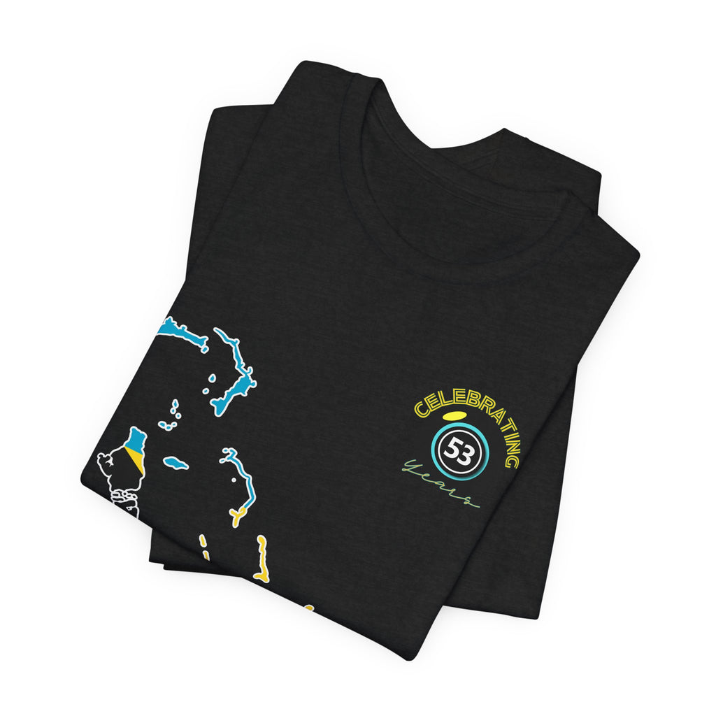 Black t-shirt with colorful graphics and text on a white background