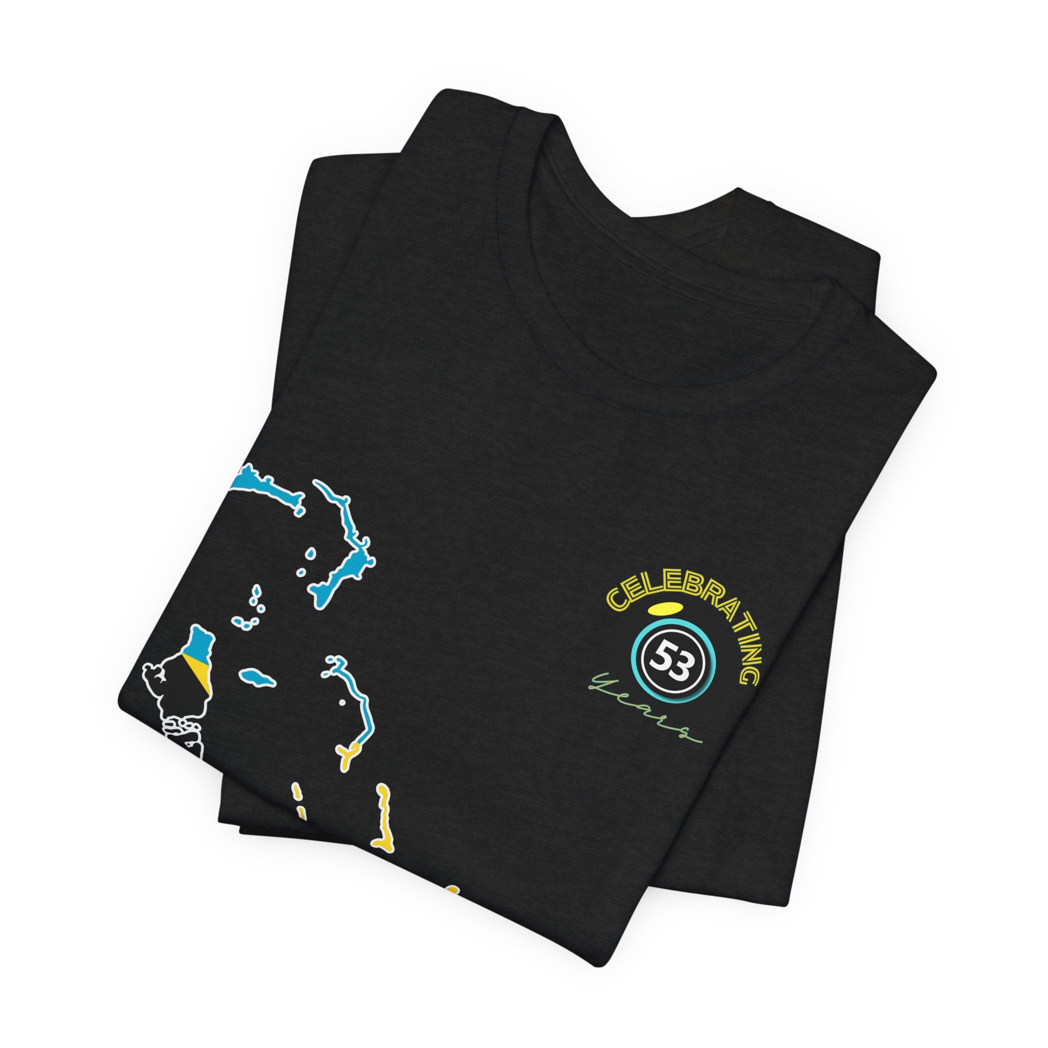 Black t-shirt with colorful graphics and text on a white background