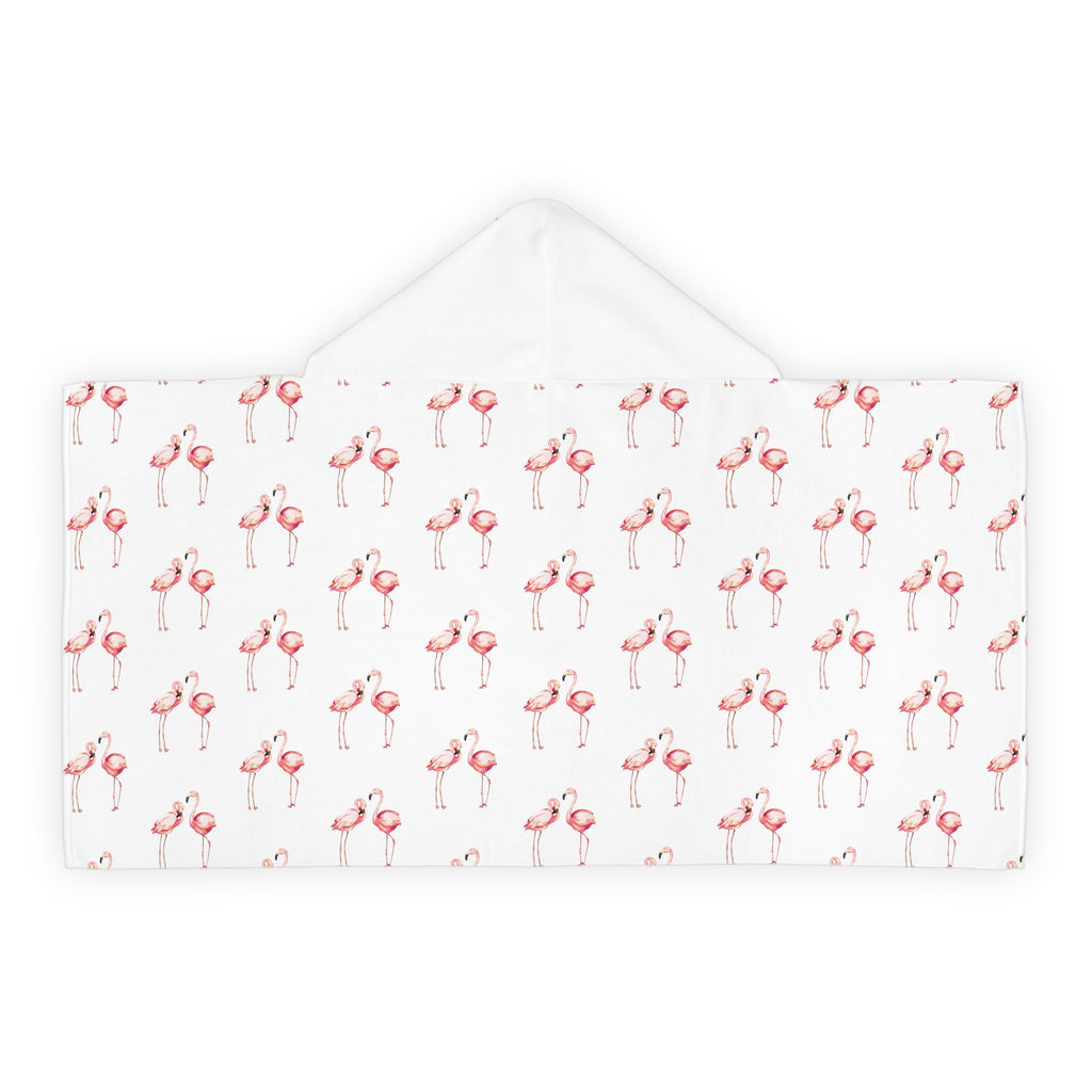 Youth Flamingo Hooded Towel on child — tropical flamingo design, soft terry cotton lining