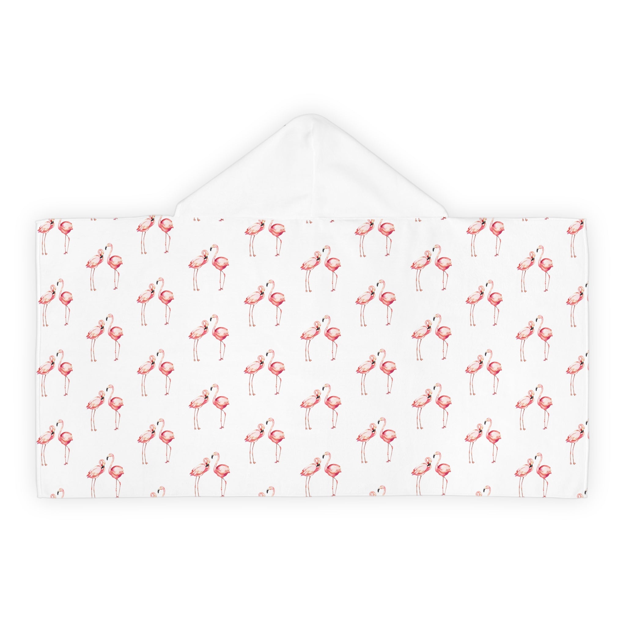 Youth Flamingo Hooded Towel on child — tropical flamingo design, soft terry cotton lining