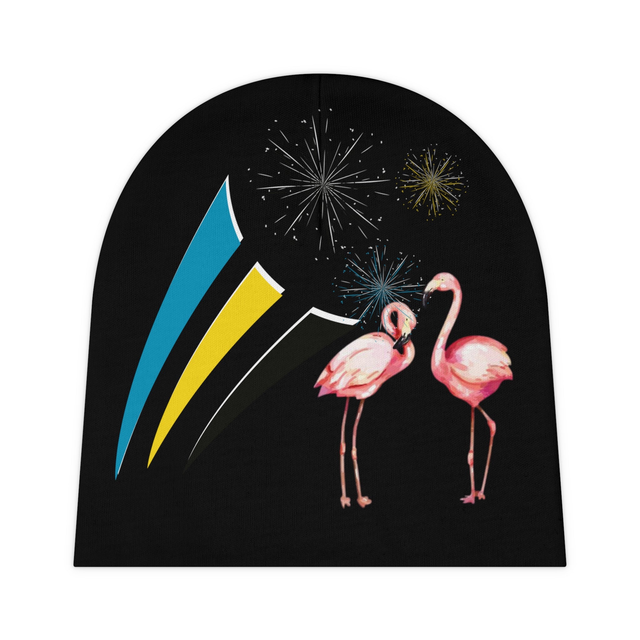 Blk Baby Beanie Flamingo back view — 100% polyester, printed on both sides, black colorway