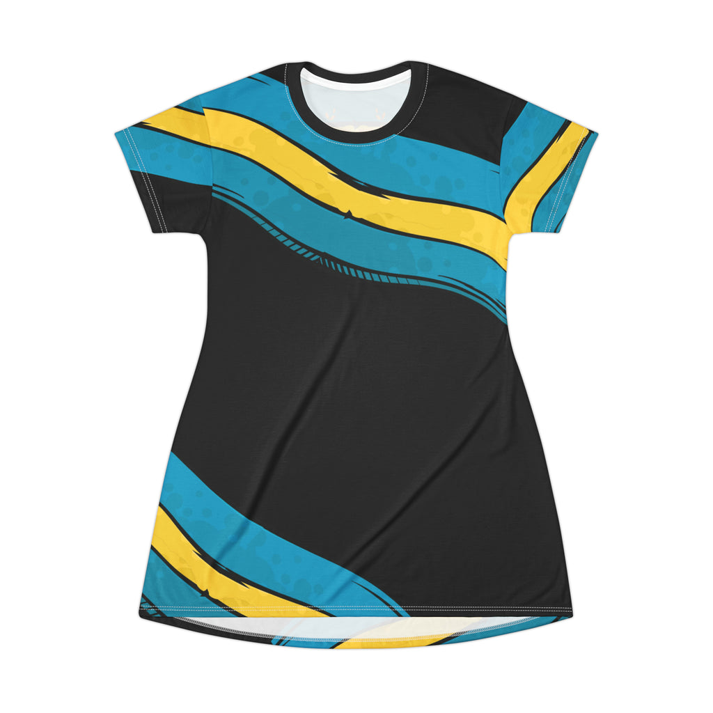 Bahamas Black AOP Dress back view — white thread, tagless, true-to-size, lightweight fabric