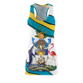 Coat of Arms Blend Dress Front White — Bahamas AOP racerback dress, sizes XS–2XL