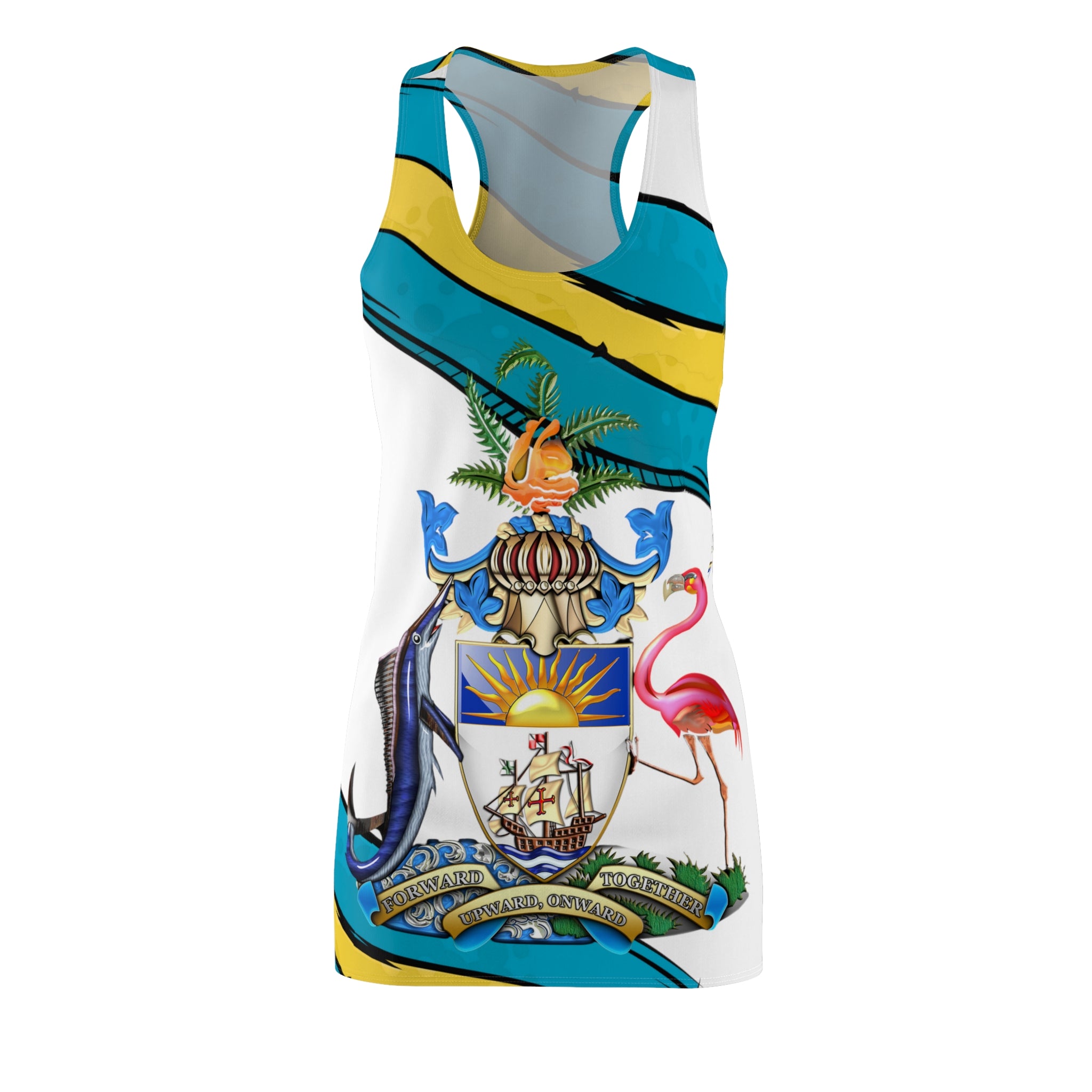 Coat of Arms Blend Dress Front White — Bahamas AOP racerback dress, sizes XS–2XL