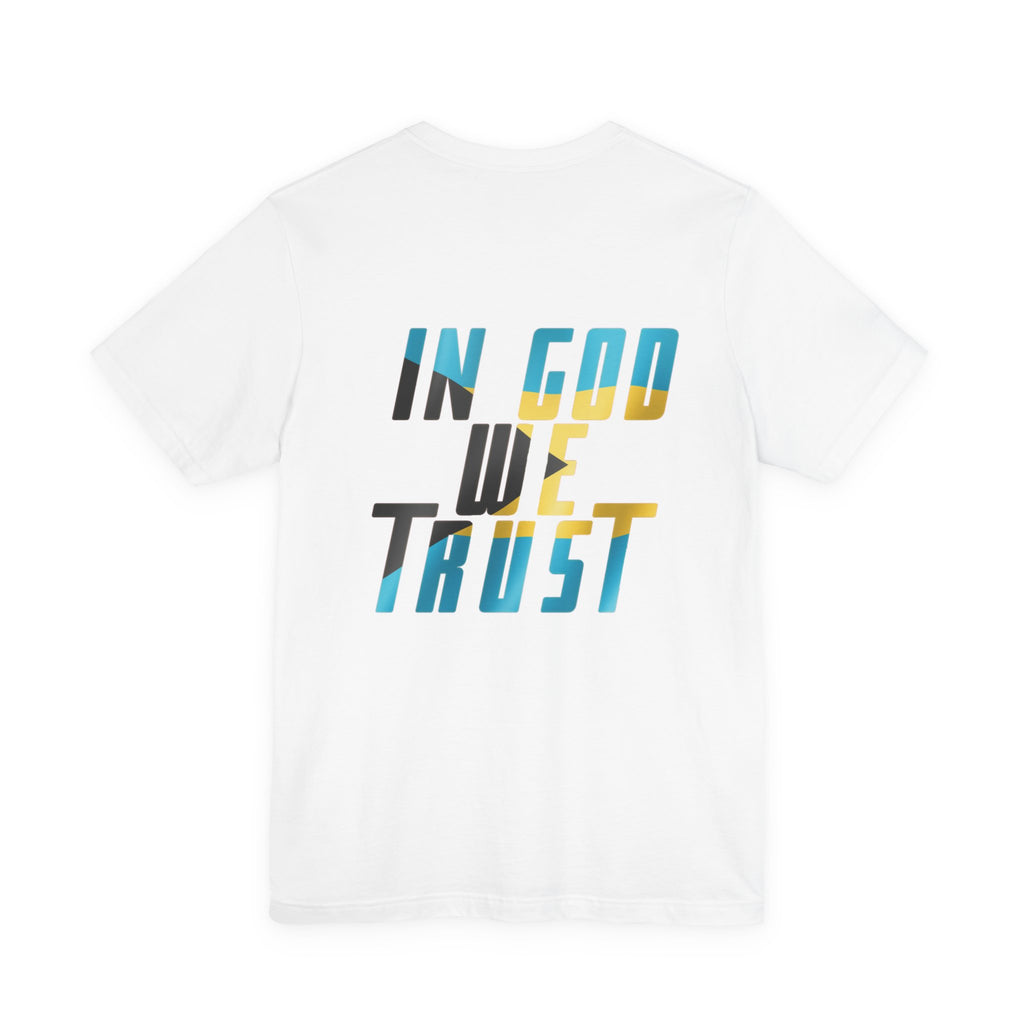 White t-shirt with 'IN GOD WE TRUST' text in multicolor on a white background