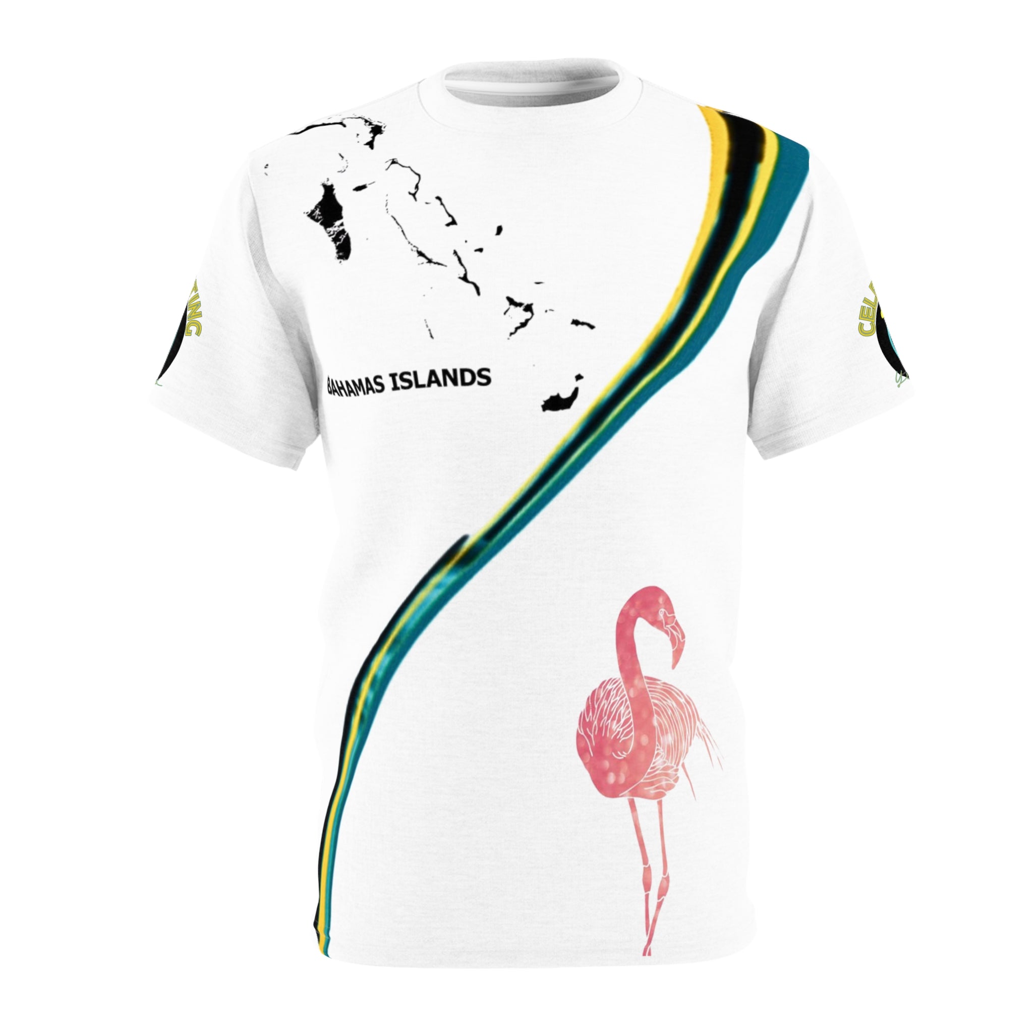 White t-shirt with Bahamas Islands design and pink flamingo on a white background