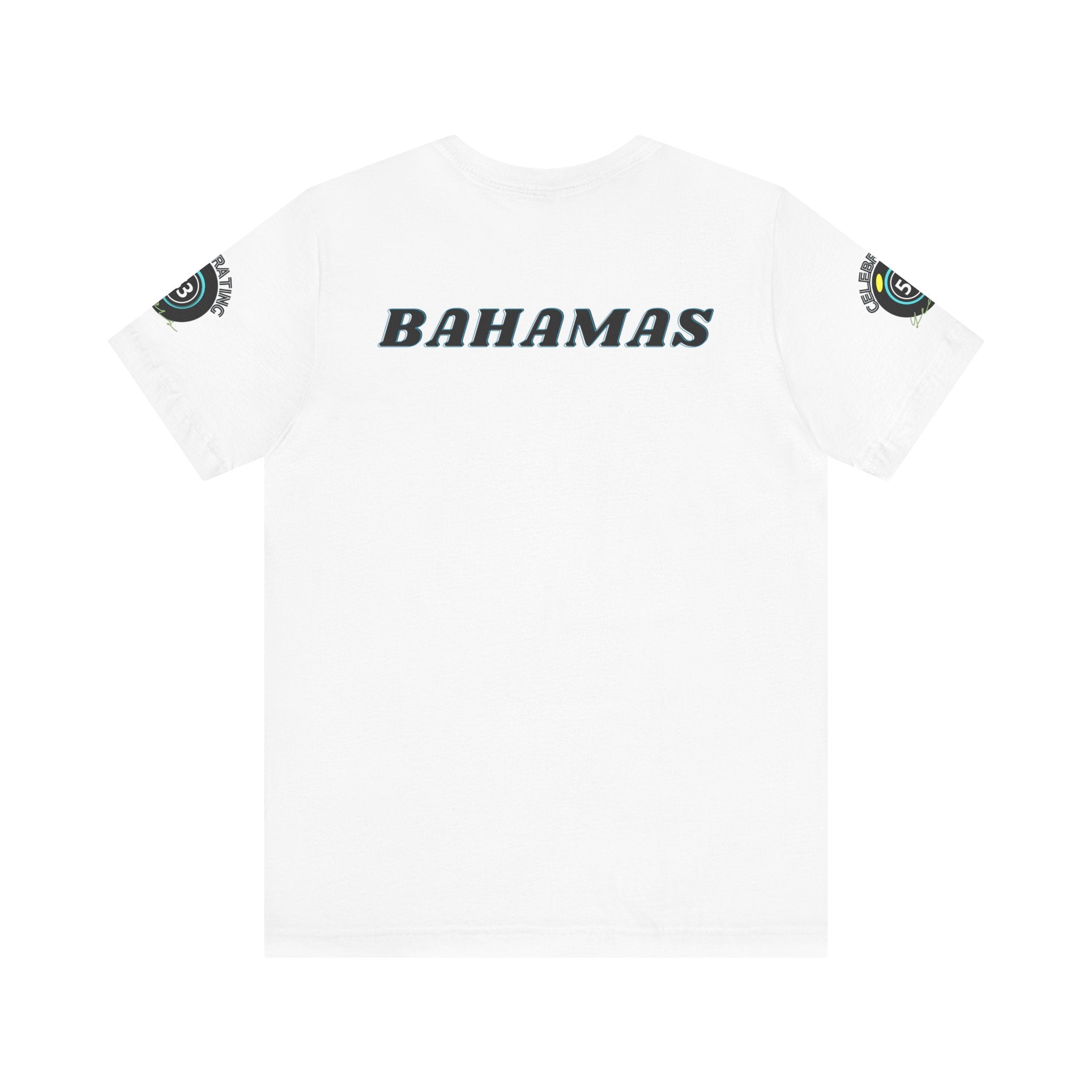 White t-shirt with 'BAHAMAS' text and island graphics on a white background