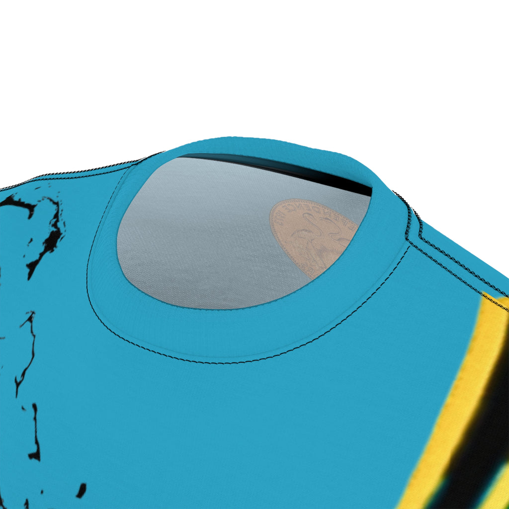 Close-up of a blue sleeveless shirt with a yellow stripe on a white background