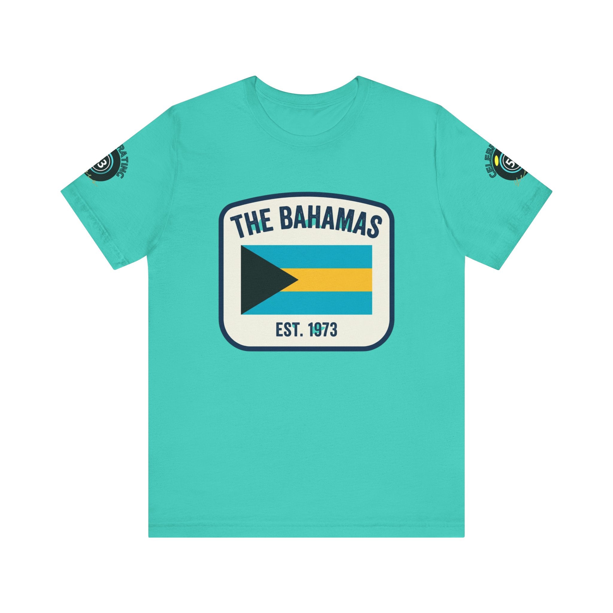 Teal t-shirt with 'The Bahamas' and flag design on a white background