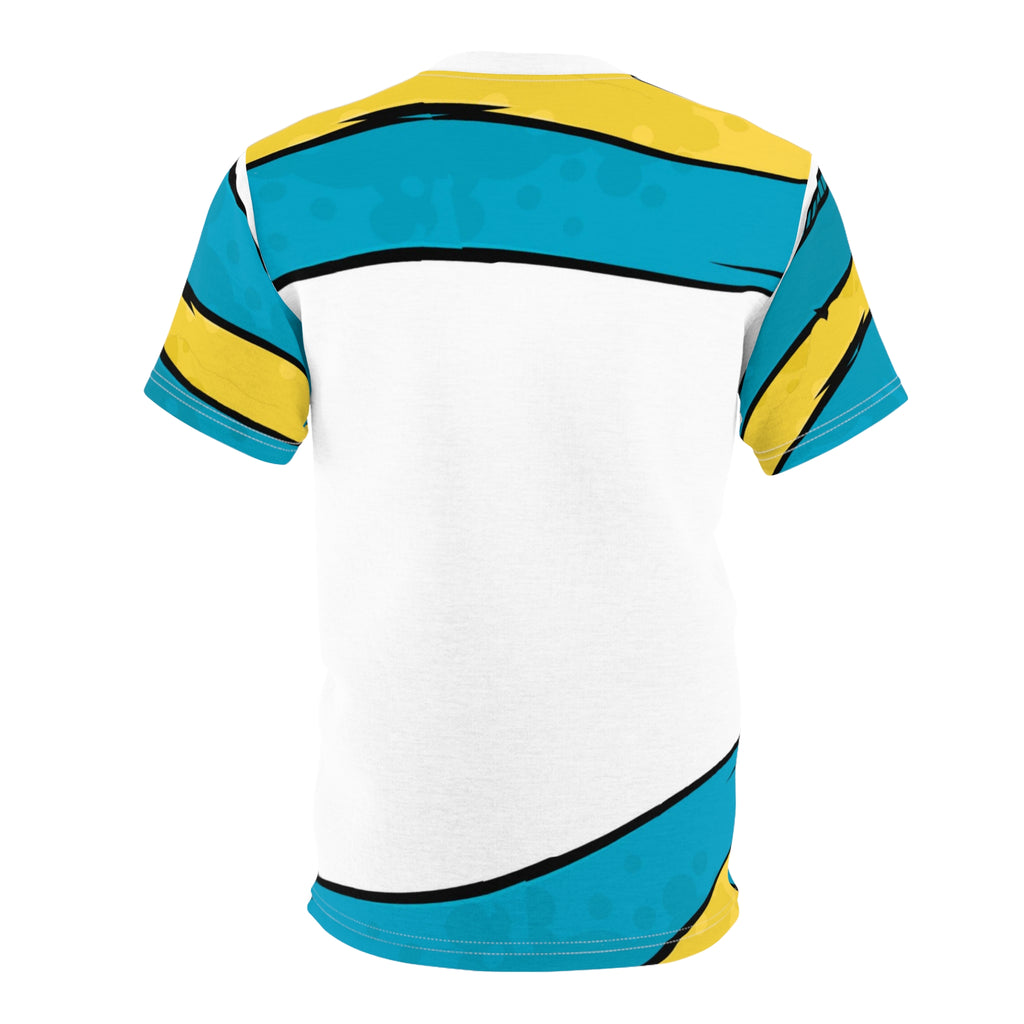 Colorful sports jersey with blue, yellow, and white design on a white background