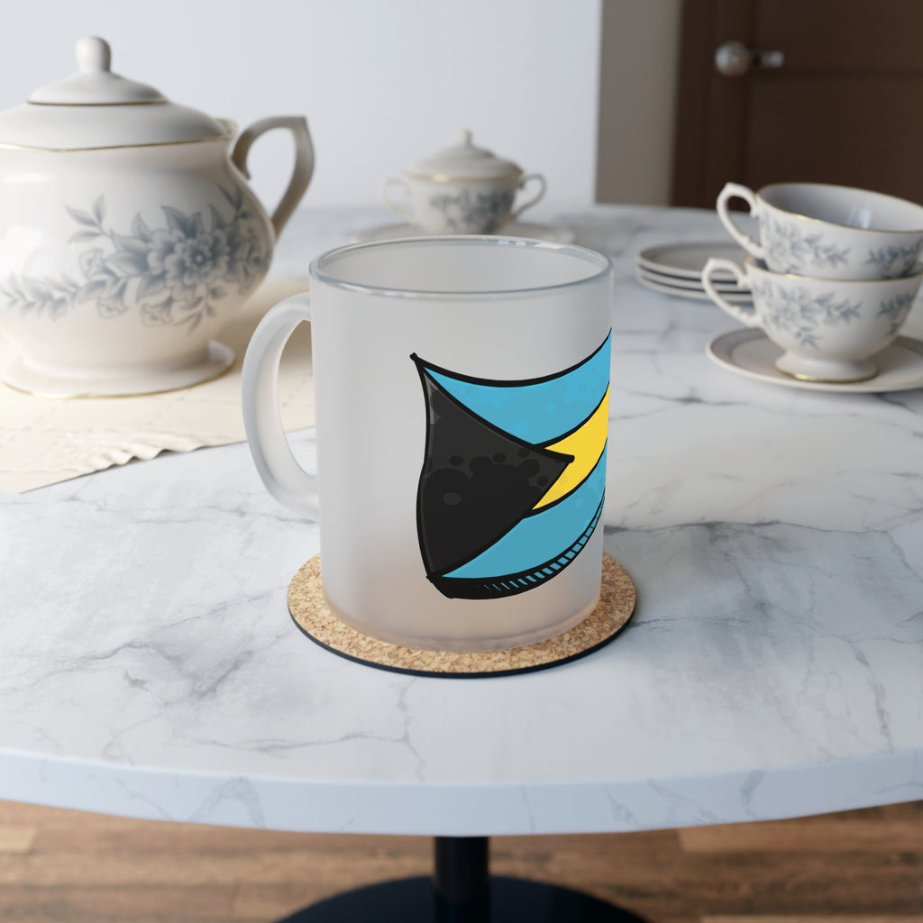 Flag Frosted Glass Mug lifestyle — perfect Bahamian gift for coffee and tea lovers
