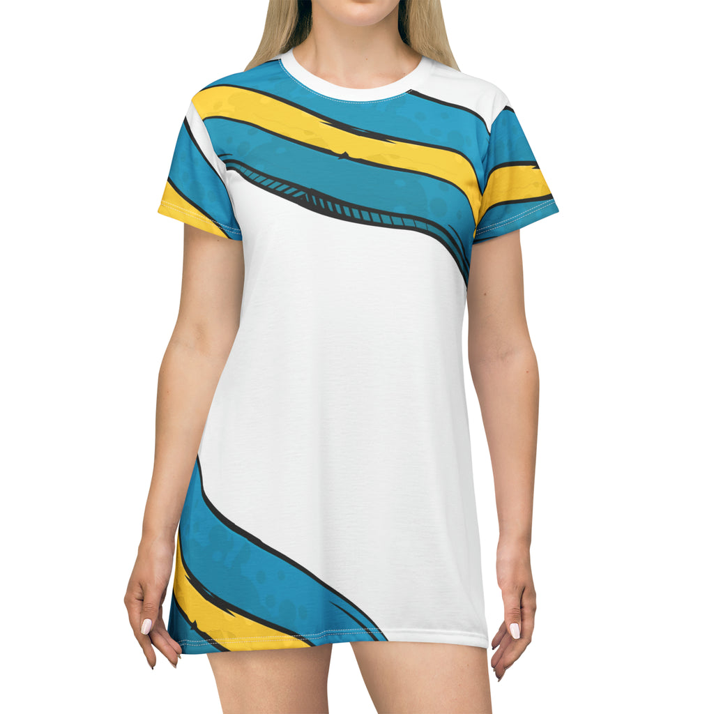 Bahamas T-Shirt Dress AOP White front view — 100% polyester island print dress, sizes XS–2XL