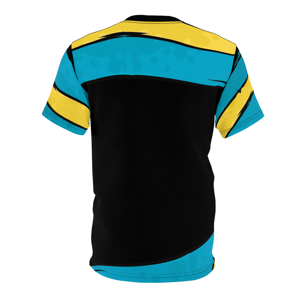 Black t-shirt with blue and yellow stripes on a white background