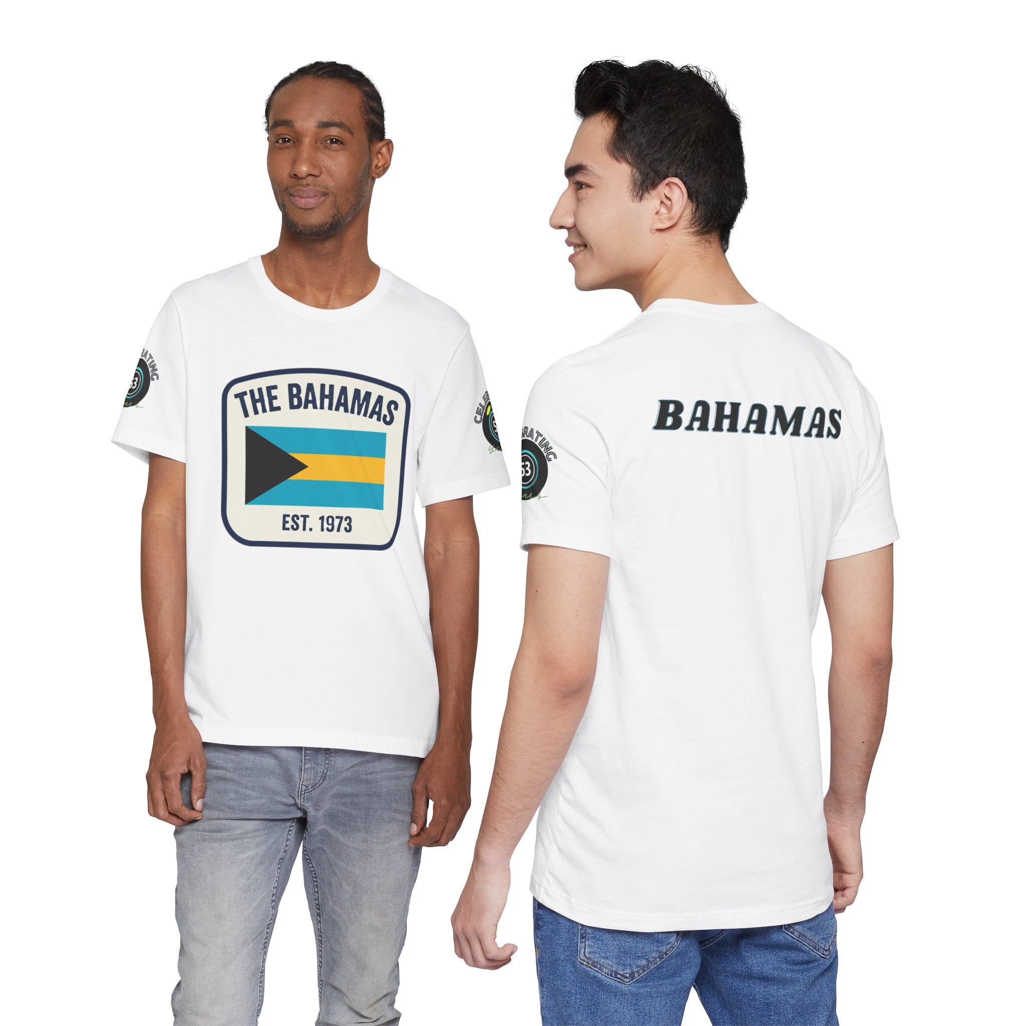 Two men wearing a white t-shirt with 'The Bahamas' design on a white background