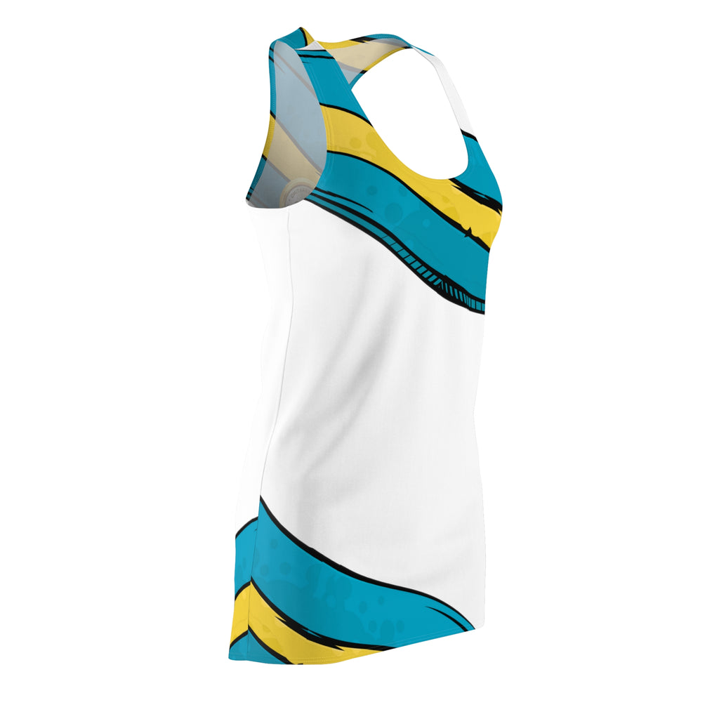 BH Colors AOP white dress side view — tagless, true-to-size, lightweight fabric
