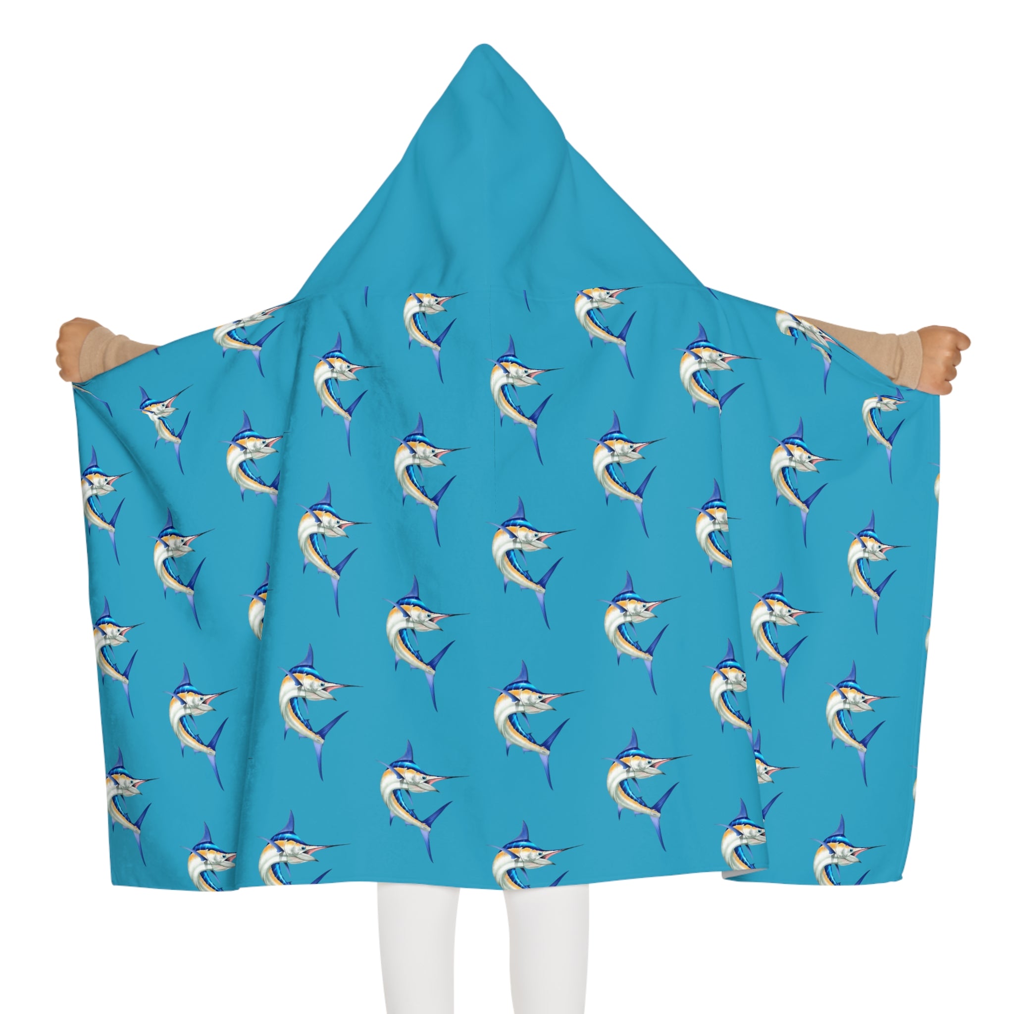 Youth Blue Marlin Hooded Towel front view — 24x48 inch kids AOP hooded beach towel