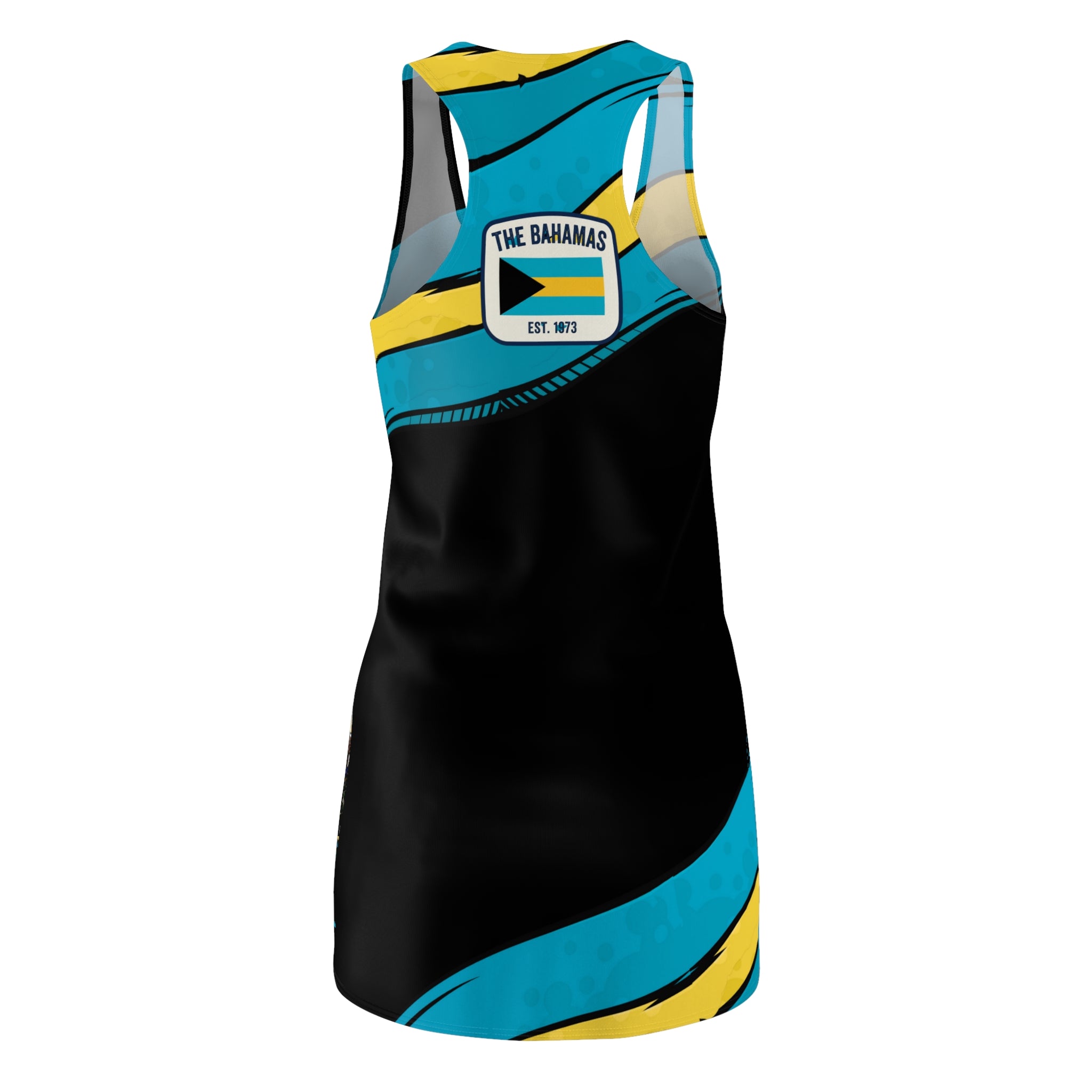 Black and blue athletic dress with yellow accents on a white background