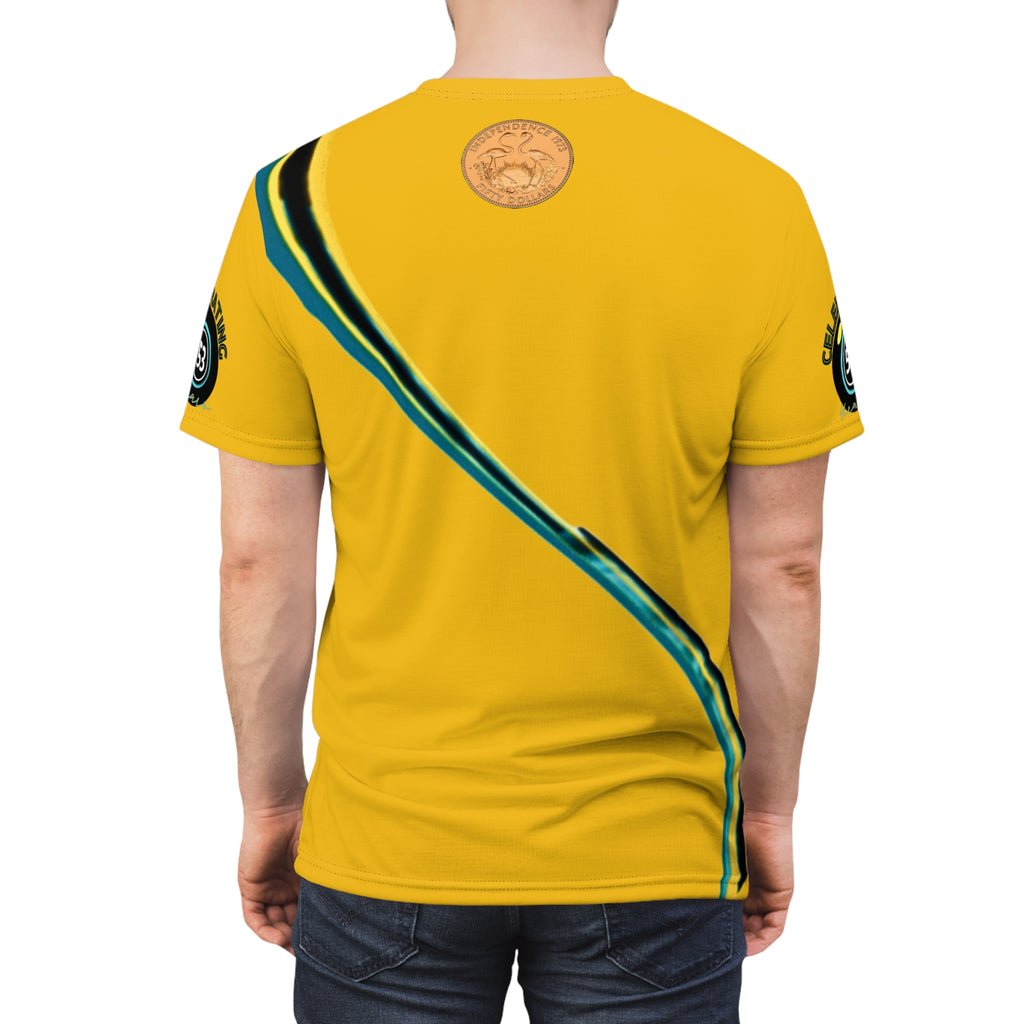 Yellow t-shirt with green accents on a white background
