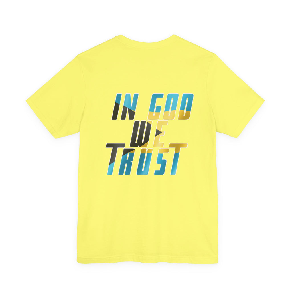 Yellow t-shirt with 'IN GOD WE TRUST' text on a white background
