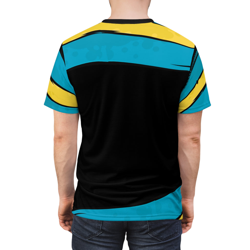 Person wearing a black, blue, and yellow striped shirt on a white background