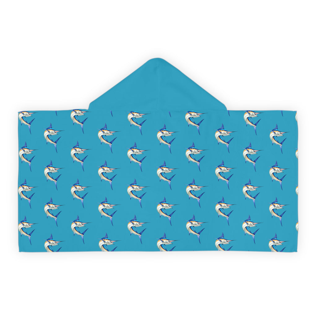 Youth Blue Marlin Hooded Towel on child — Bahamas blue marlin design, soft terry cotton lining