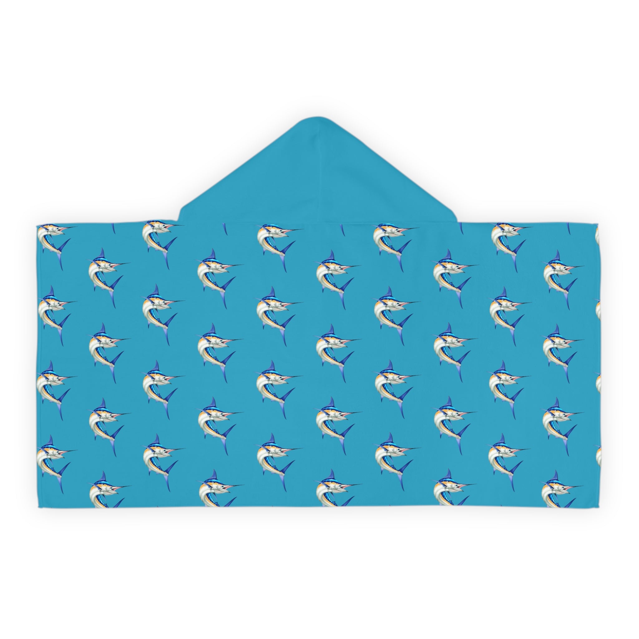 Youth Blue Marlin Hooded Towel on child — Bahamas blue marlin design, soft terry cotton lining
