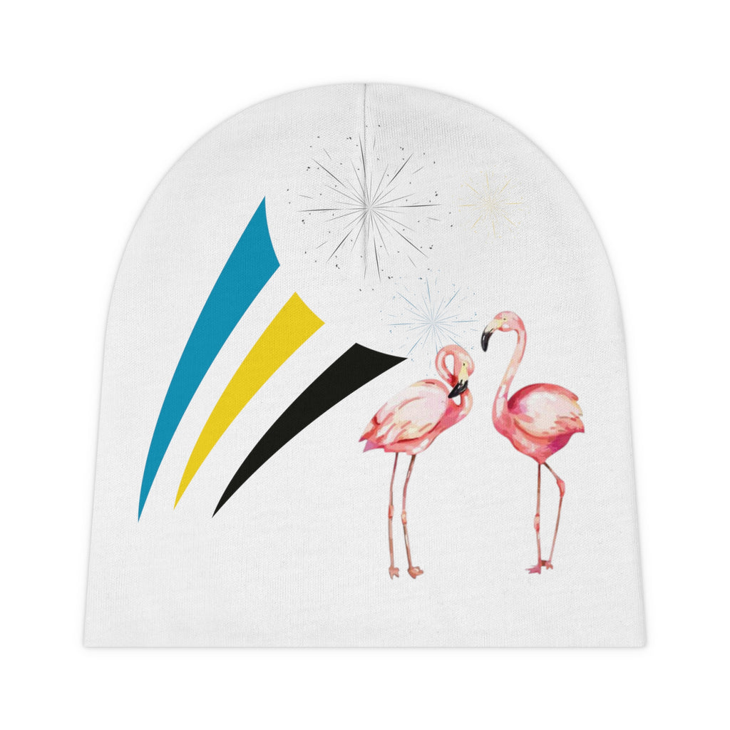 Baby Beanie AOP Flamingo detail — Bahamas-inspired baby hat by Treasure Trove Creations