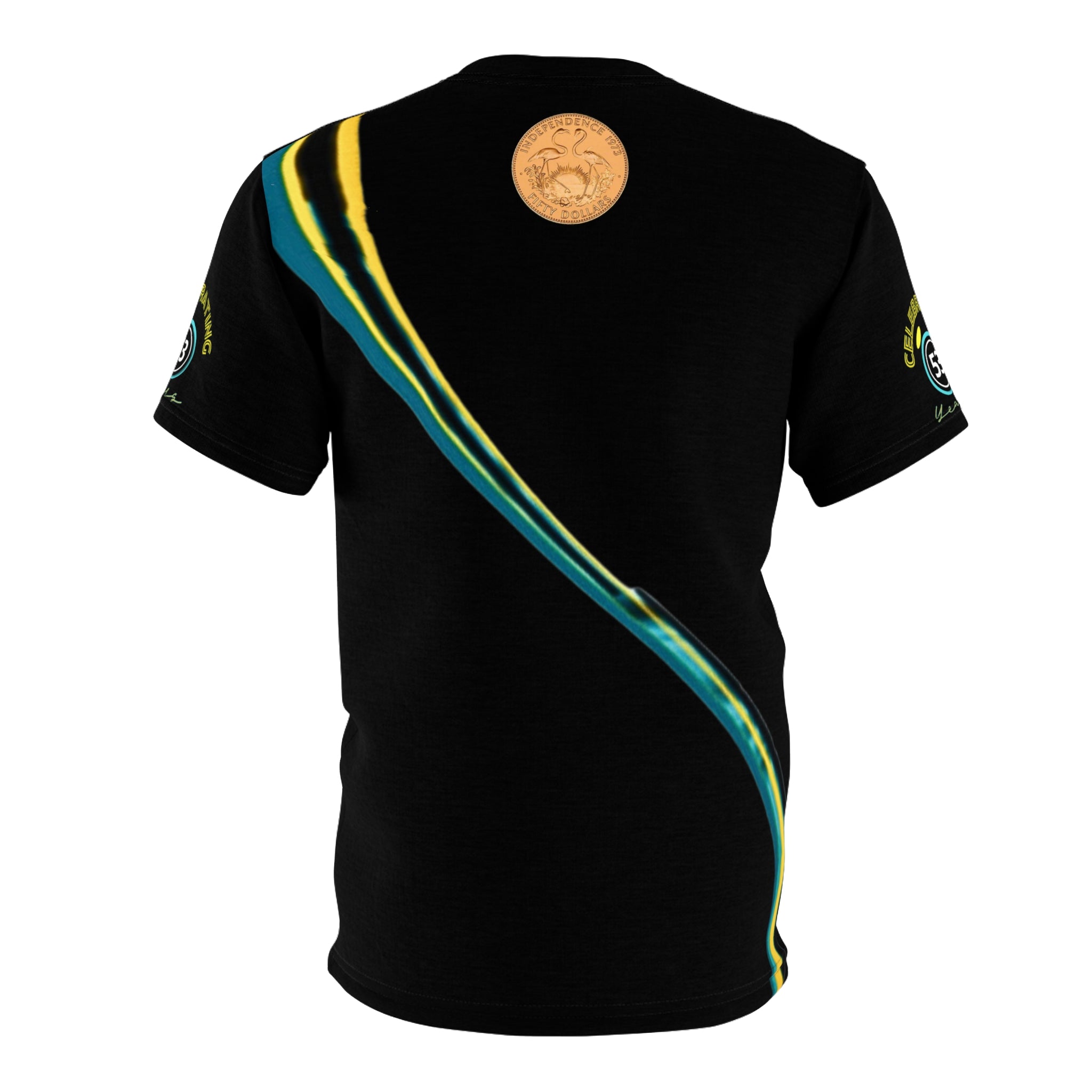 Black t-shirt with green and yellow accents on a white background