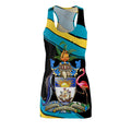 Coat of Arms Blend Dress front view — Bahamas AOP racerback dress, sizes XS–2XL