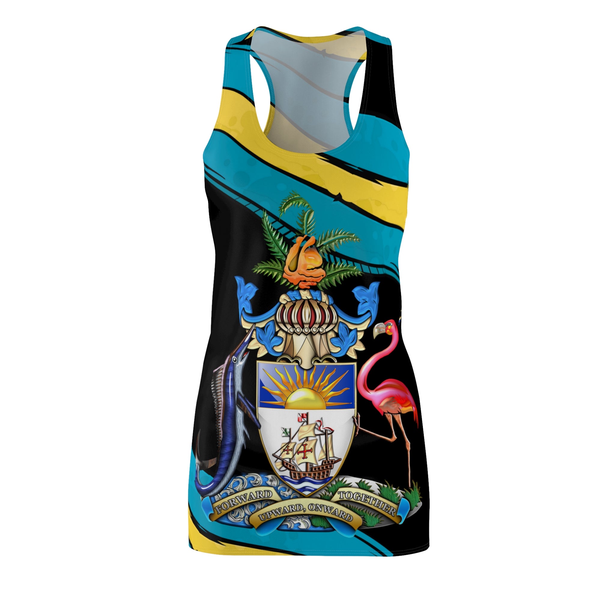 Coat of Arms Blend Dress front view — Bahamas AOP racerback dress, sizes XS–2XL