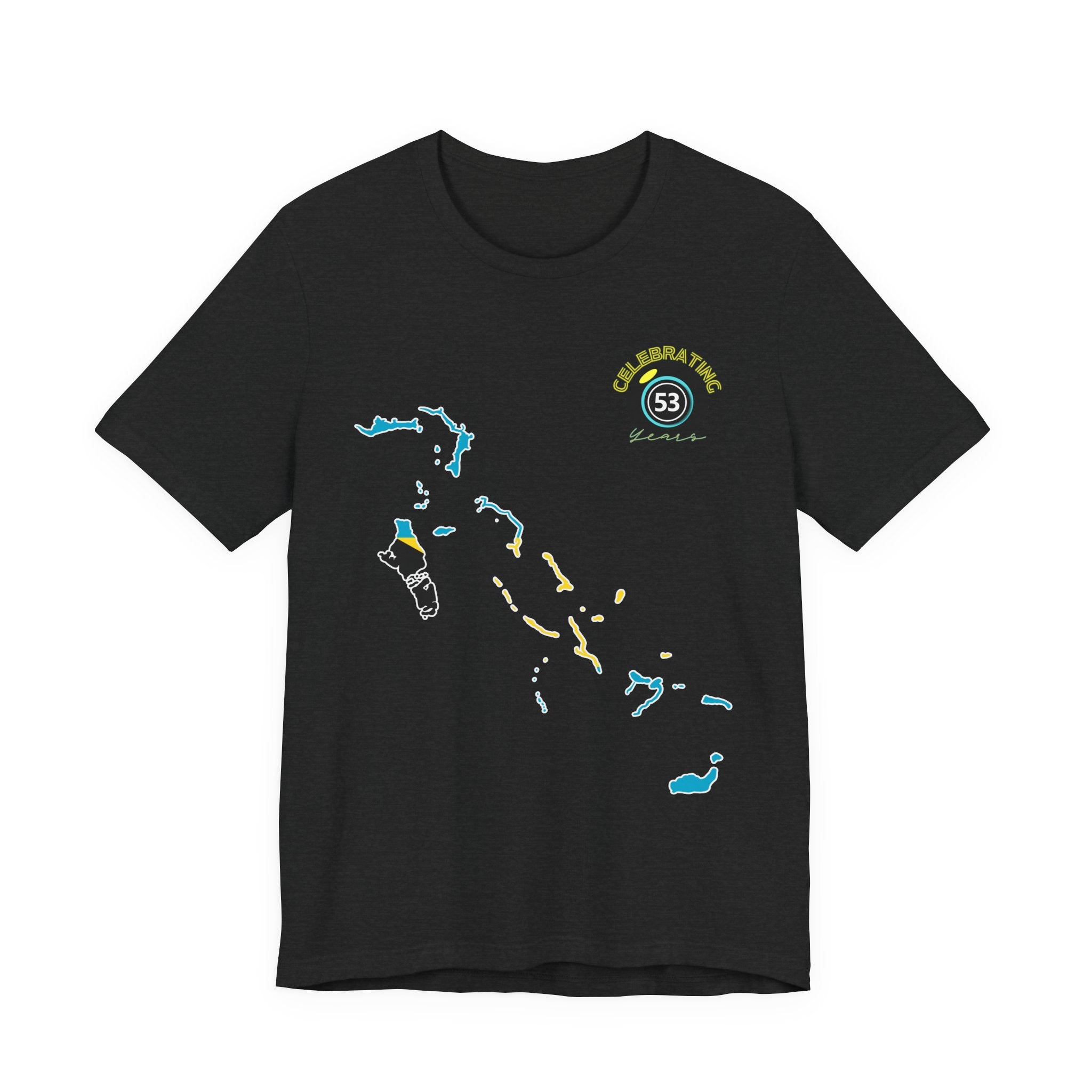 Black t-shirt with colorful map design and logo on a white background